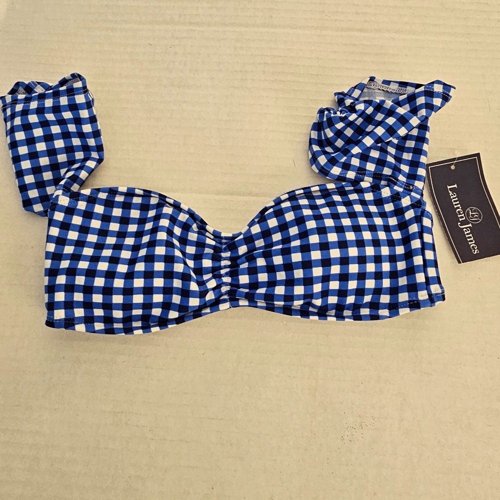 New Lauren James Gingham Off The Shoulder Bikini Top in Blue Peri Bralette S - Picture 1 of 5